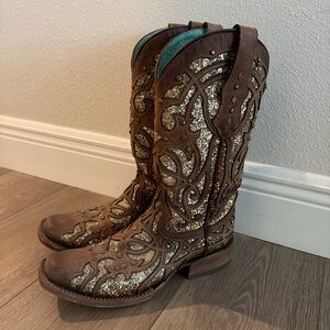 Corral Brown and Gold Glitter Heeled Boots